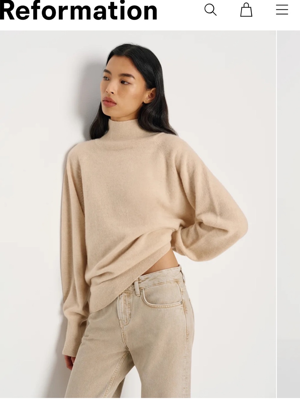 Reformation Beige Turtleneck Cashmere Sweater